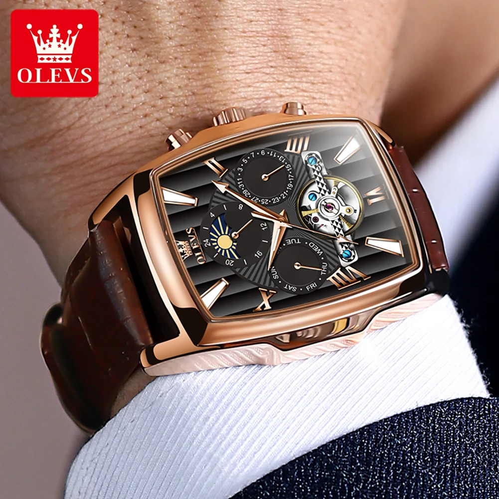 Olevs Novo Relógio Mecânico Automático para Homem à Prova Impermeável Água Luminosa Esqueleto Quadrado Dial Moonsver Cronógrafo Relógio Esportivo Masculino - Image 5