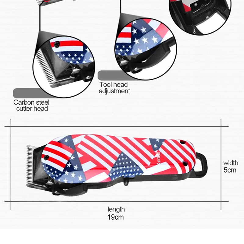 Kemei Professional Rechargeable Hair Clipper 110-240V Powerful Electric Hair Trimmer Razor Haircut Styling Tool American Flag