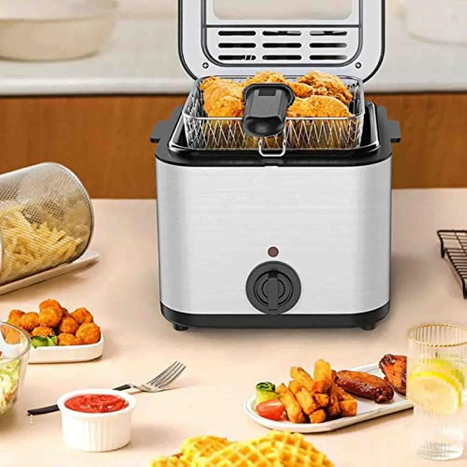 2.5L Stainless Steel Deep Fat Fryer Removable Internal Basket Temperature Control Multipurpose Mini Frying Pot For Fried Chicken 5