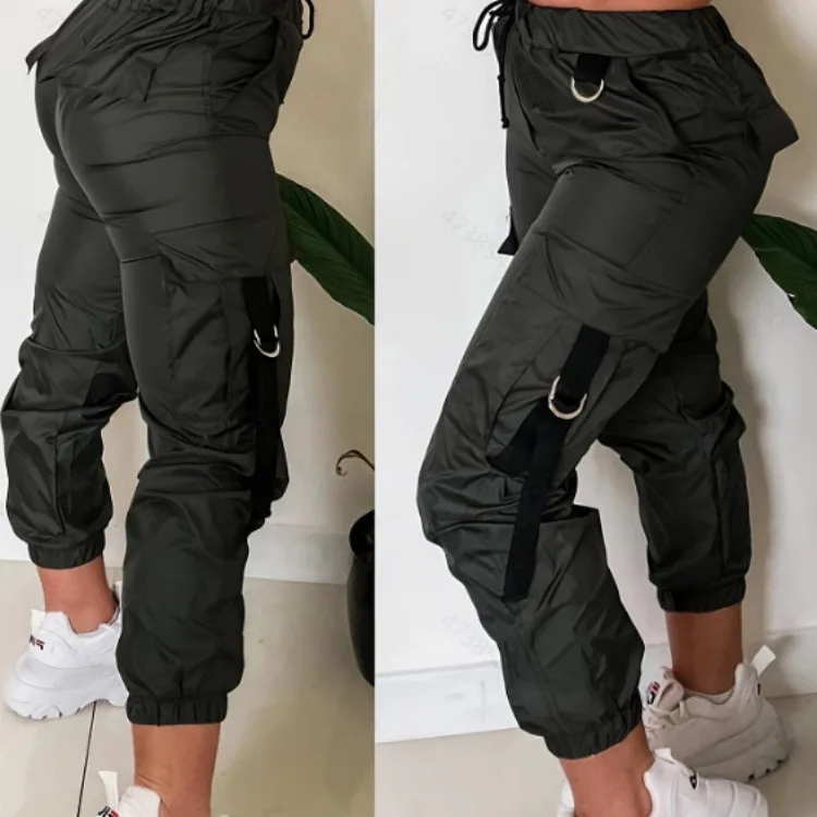 

Новинка весна-лето 2024, женские зеленые повседневные брюки в стиле милитари с карманами, повседневные рабочие брюки на шнуровке