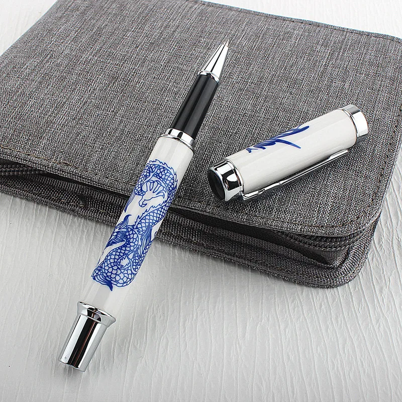 Gullor Luxury Jinhao Pen Set – Blue & White Horse Design With Calligraphy + 2 Pencils In Brown Case