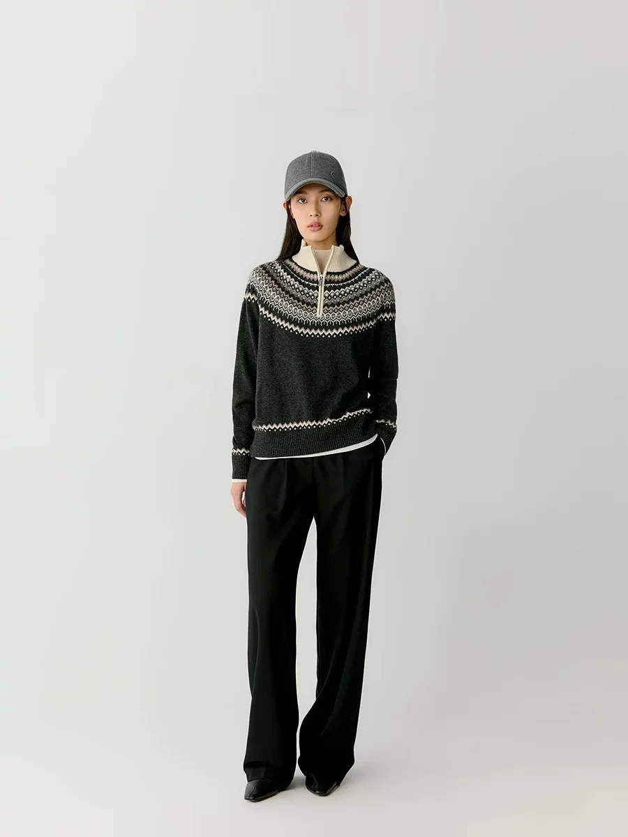 Women Fine Wool Sweater Half-high Collar Color Blocked Pullover Female Cashmere Half Zipper Knitwear Autumn Winter Casual Tops 3