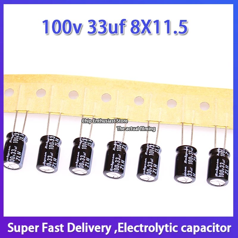 

10PCS Rubycon imported aluminum electrolytic capacitor 100v 33uf 8X11.5 ruby zlh high frequency and long life 8*11.5mm