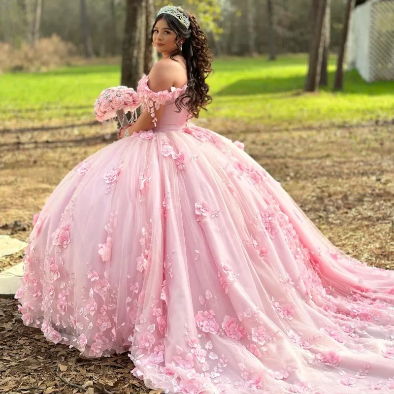 

Pink Quinceanera Dresses Ball Gown Off Shoulder Puffy Sweet 16 Dress 3D Rose Flowers Beading Celebrity Party Gowns Graduation