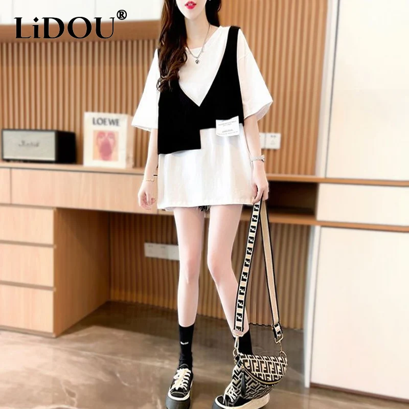 

Summer Asymmetrical Fake Two Pieces Tops Female Round Neck Mid-length Casual Loose Pullovers Ladies Korean Style Fashion T-shirt