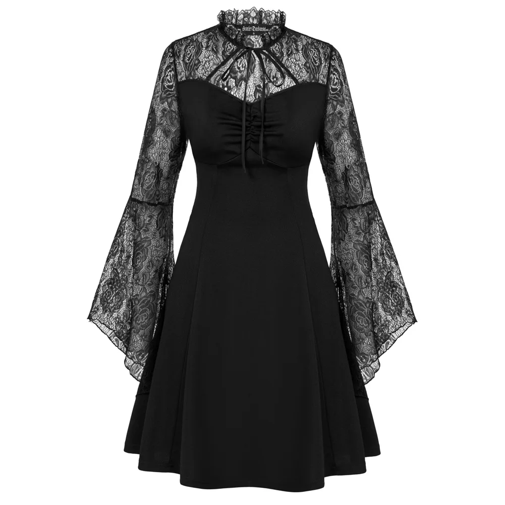 

Женское платье с длинным рукавом-колоколом, кружевное черное платье-трапеция выше колена в стиле эпохи Возрождения