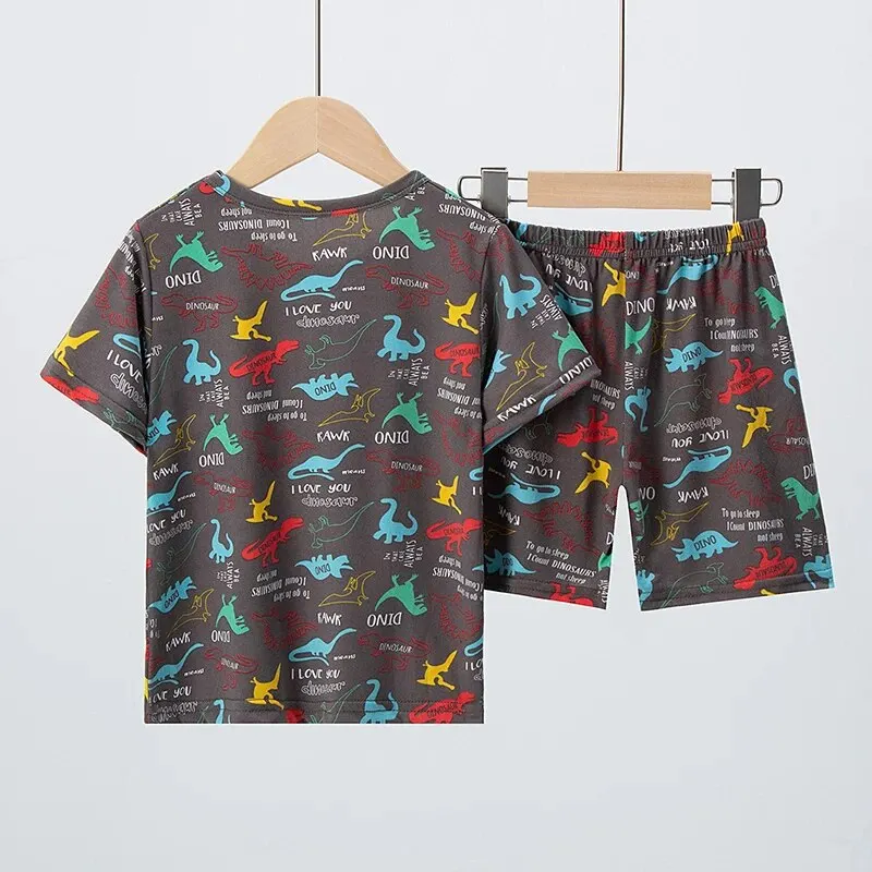 2 Pcs Summer Children's Fun Printed Shorts Short Sleeve Suit Boy Colorful Dinosaur Top Girl Sweet And Lovely Elastic Waist Short 3