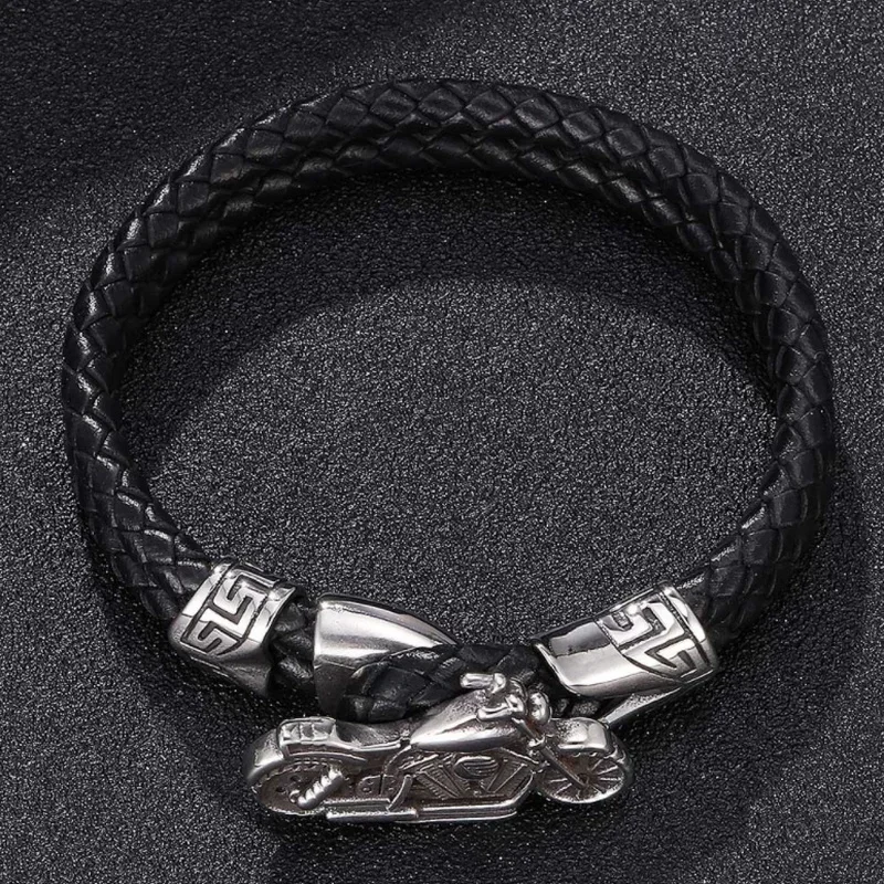 Leather Bracelet Bangle Punk Metal Motorcycle Handwoven Double Layer