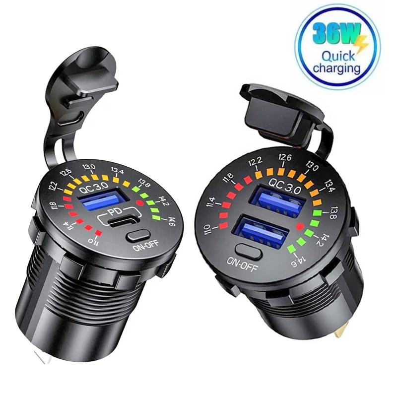 QC3.0 36W 6A 전압계 스위치가있는 듀얼 USB 충전기 소켓 12V 자동차 ..
