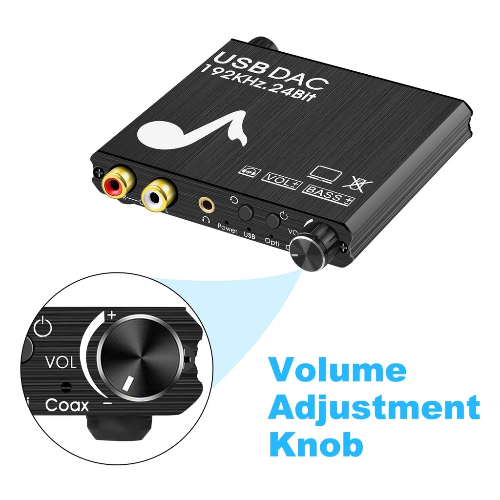 USB DAC 192kHz 24 비트 디지털 아날로그 변환기, 베이스 및 볼륨 제어, 동축 토스링크 스테레오 L/R RCA, PC 노트북 TV PS5 용