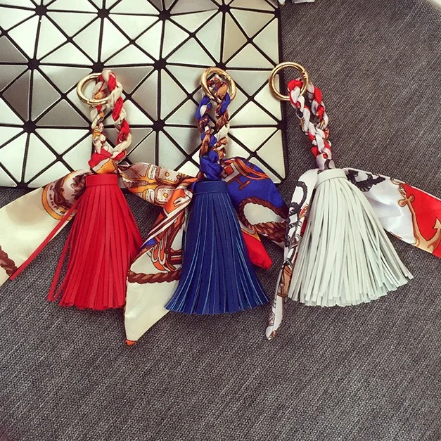 Fringed Leather & Silk Scarf-Inspired Bag Charm with Keychain