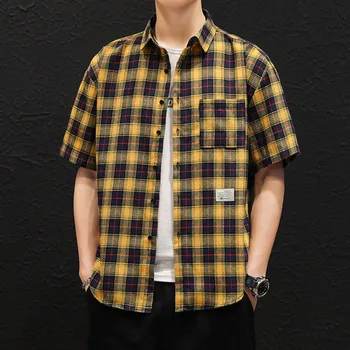 Mens Summer Port Style Loose Handsome Fashion Casual Plaid Short Sleeved Cardigan Shirt Mens Flannel Shirts Long Sleeve 1