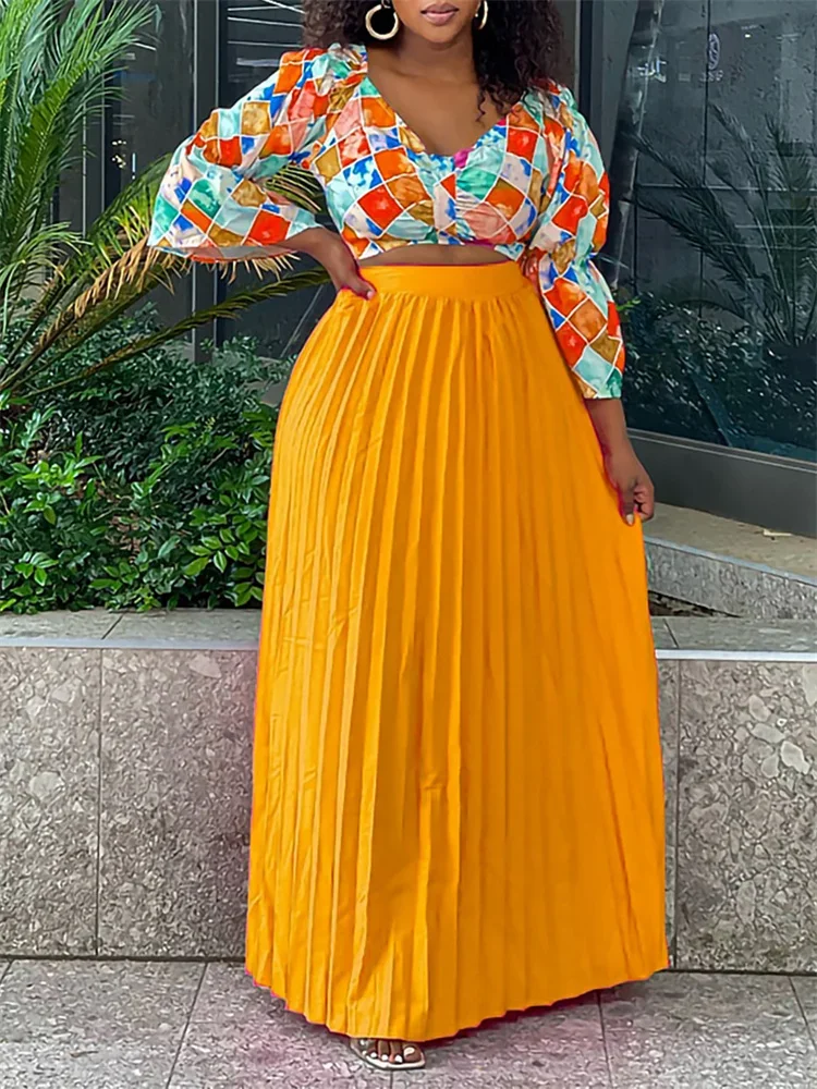 Wmstar Women Two Piece Set Fashion Autumn V Neck Long Sleeve Print Blouse Pleated High Waist Long Skirt Elegant Two Piece Suit