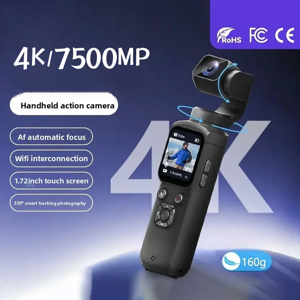 포켓 카메라 330 ° 얼굴 추적 짐벌 스테빌라이저 4K 액션 카메라 1.72인치 터치 스크린 64MP 포켓 디지털 카메라 WiFi