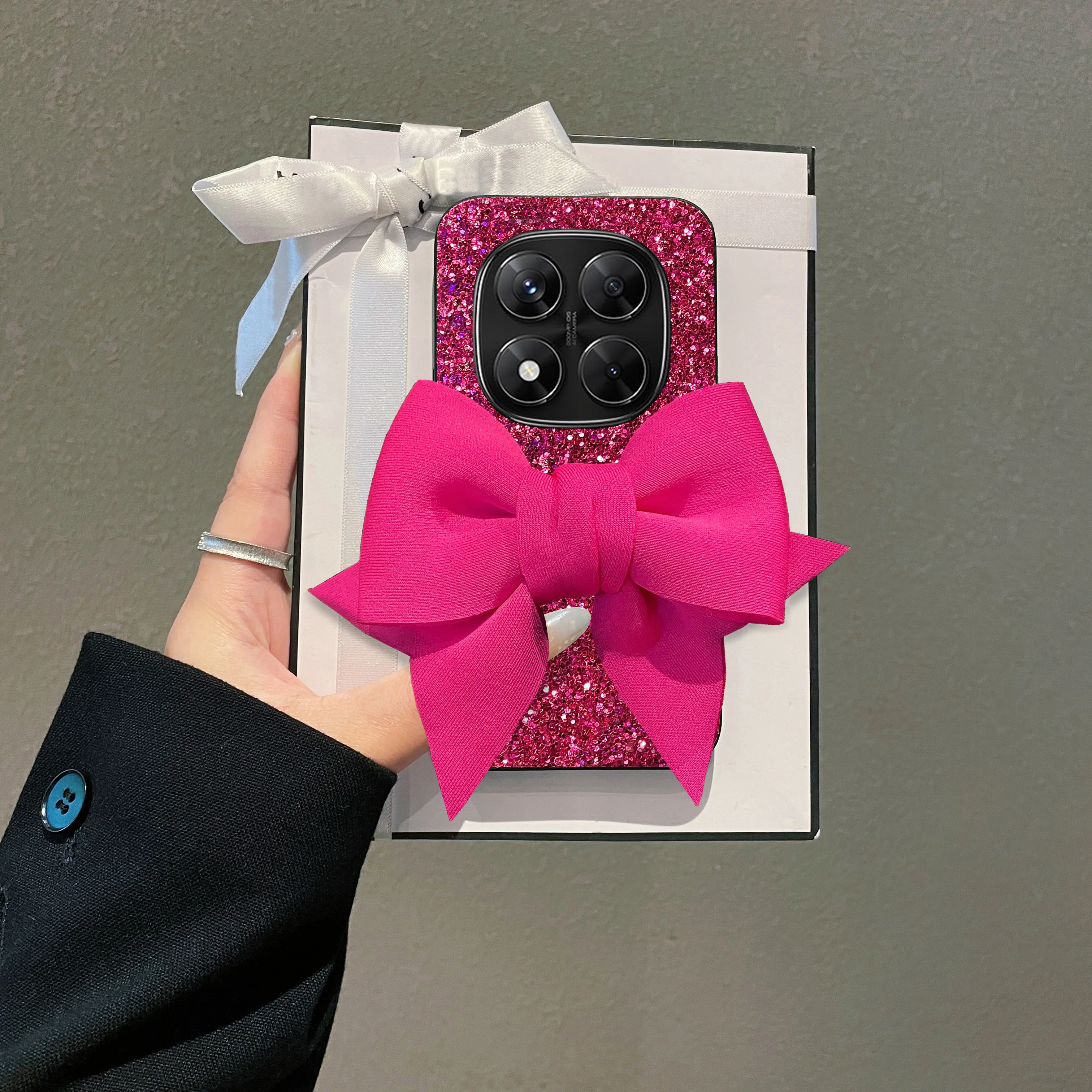 Chic Rose Red Glitter Bowknot Leather Phone Case - Shockproof Soft Back Cover