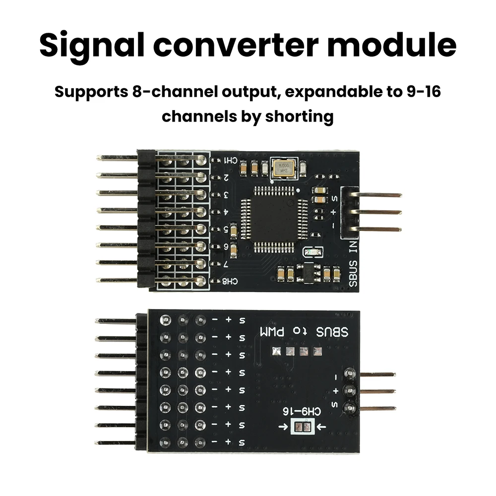 Convertisseur SBUS vers PWM 8 canaux pour simulateur RC montrant les broches d'entrée et sortie