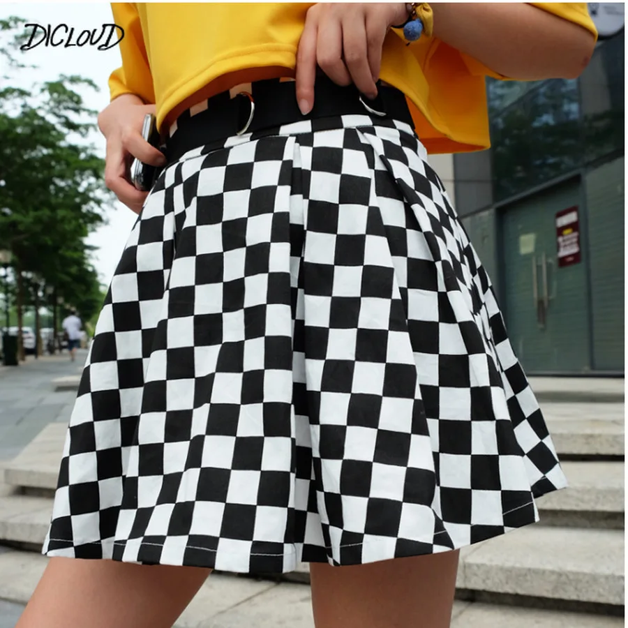 

Women's Pleated Skirt Black and White Checkered Printed Skirt High Waisted Checkered Skirt European and American