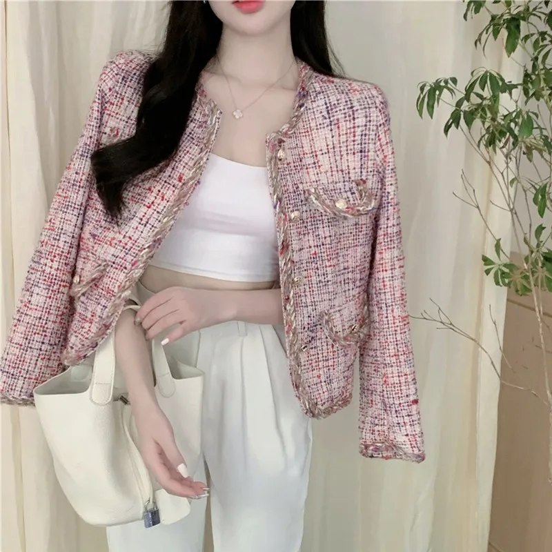 

Runway Spring French Women's Luxury Chic Pink Tweed Woolen High Quality Small Fragrance Coat Jacket Casaco Outwear