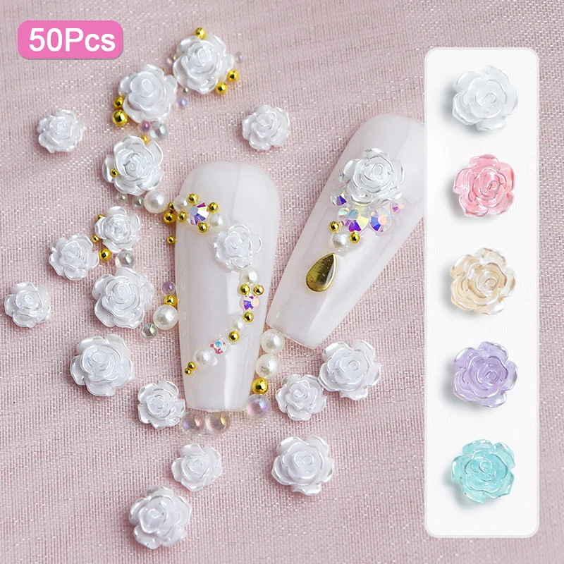 

50Pcs/Bag DIY Nail Art Decoration 3D Resin Pearlescent Camellia With Steel Ball Pearl Manicure Diamond Manicure Design Accessory