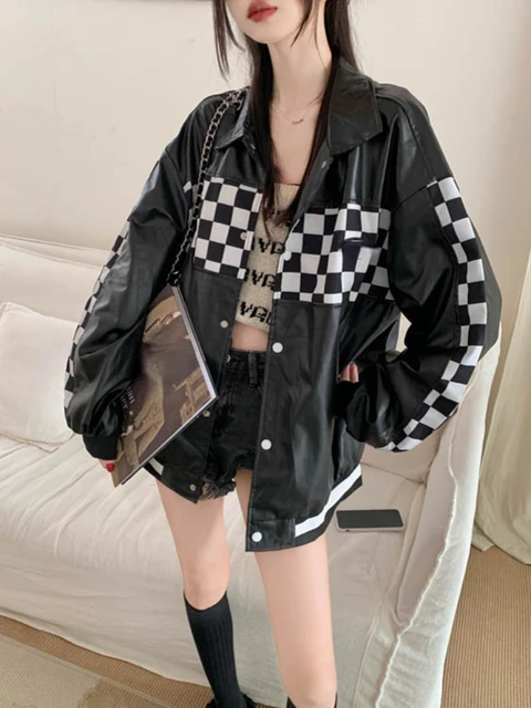 2023 Harajuku Y2k Aesthetic Vintage PU Leather Jacket Women Checkerboard  Baseball Fashion Loose Female Punk Coat