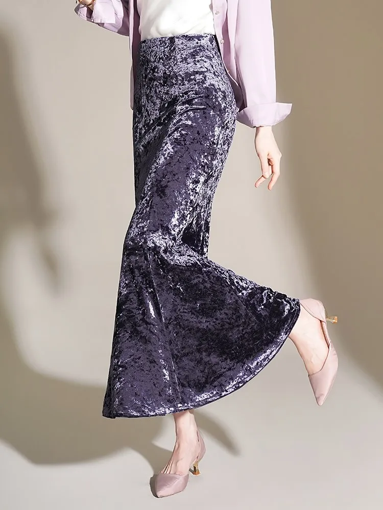 Gonna lunga da donna in velluto nero a coda di pesce, gonna vintage elastica in vita plissettata con volant A-Line, Marrone, S