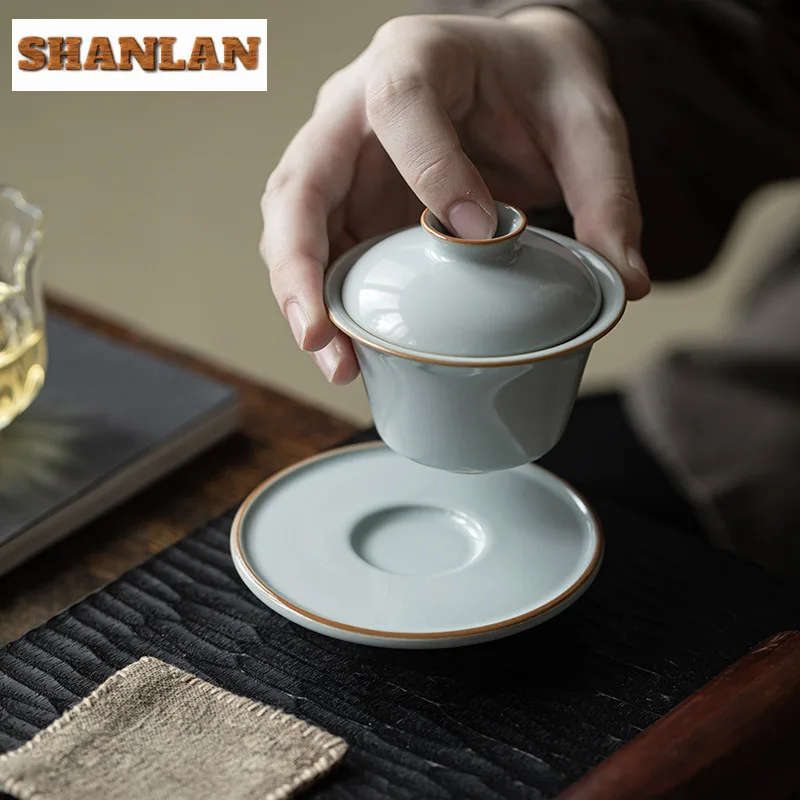80ML High End Azure Ru Kiln Ceramic Gaiwan Elegant Three Talent Hand Grip Tea Tureen Tea Maker Cover Bowl For Ornaments Gift