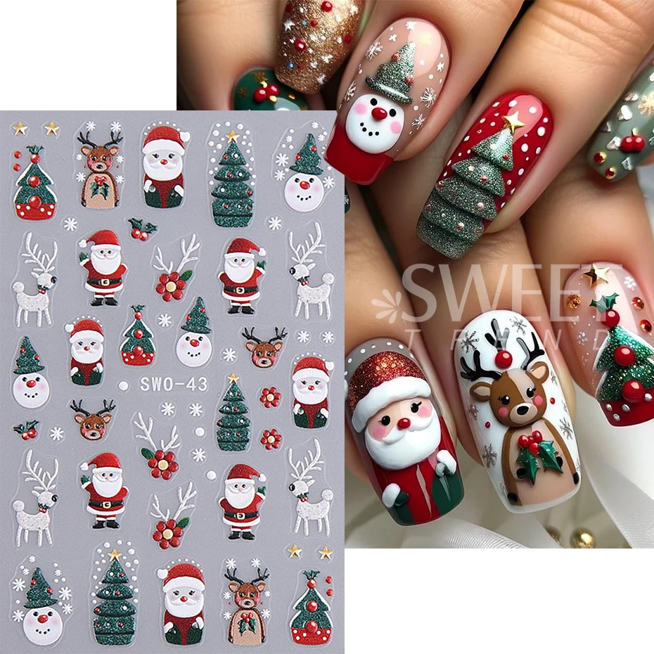 2pcs Cartoon Christmas Nail Art Stickers Self-Adhesive Winter Holly Snowflake Bow Santa Claus Reindeer Nail Decal Manicure Decor