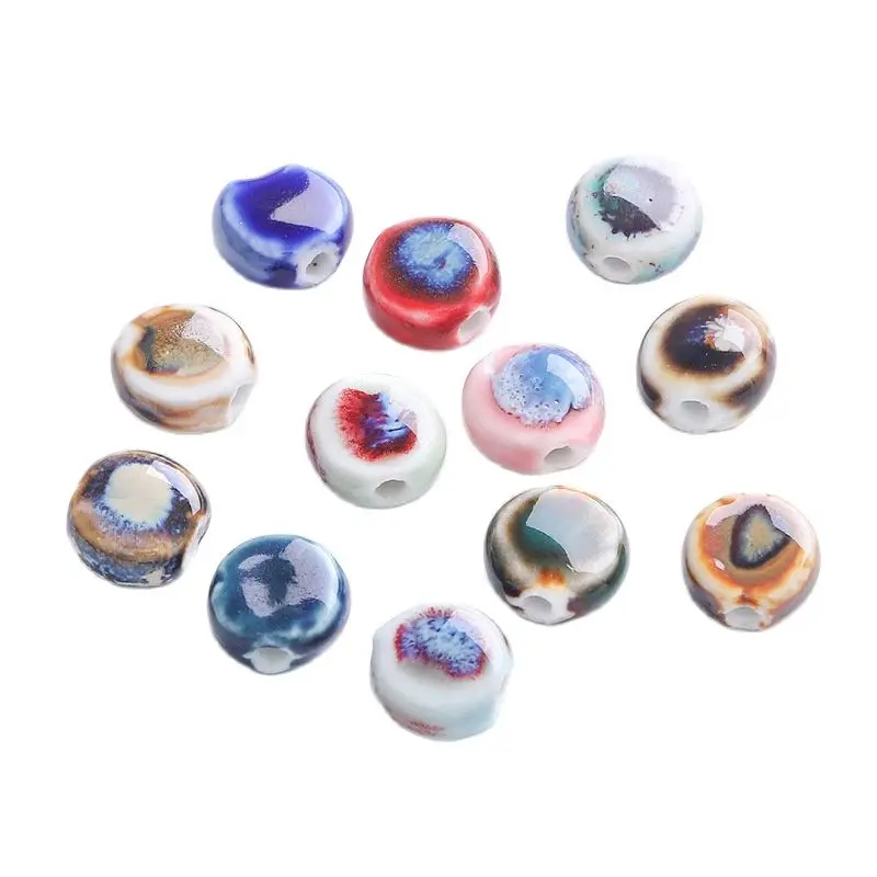 10pcs 11mm Flat Round Handmade Glazed Ceramic Porcelain Loose Beads For Jewelry Making DIY Crafts Findings watercolors oval palette plum plate three line palette watercolor plate flat palette cardboard gouache imitation porcelain