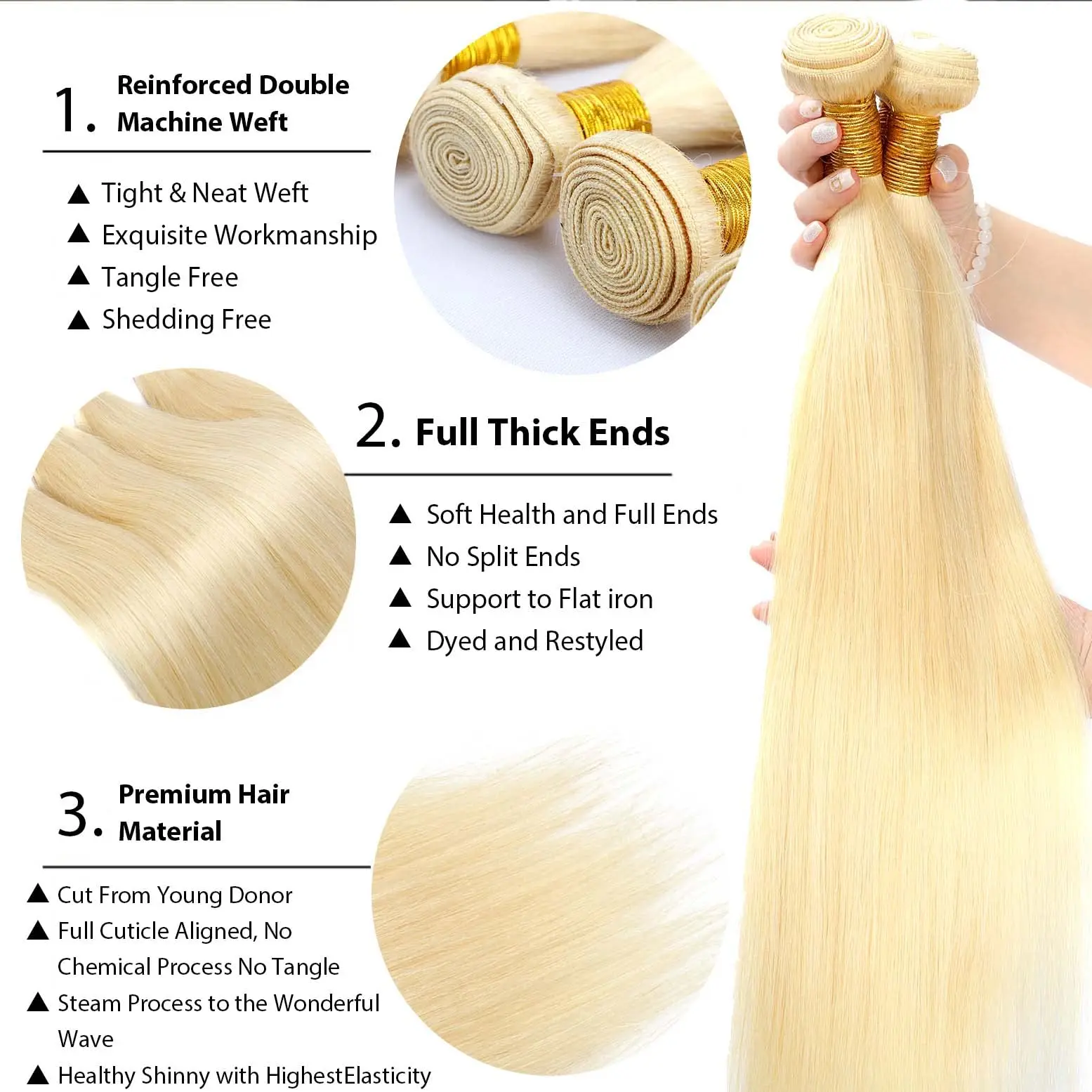 613 Honey Blonde Bundles Human Hair Straight Human Hair Extension Bundles Brazilian Remy 3 14-30 inch