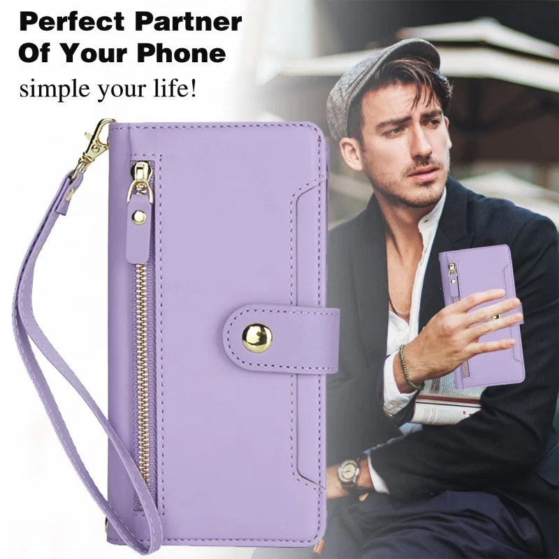 Lanyard Leather Zip Wallet Card Phone Case Cover
