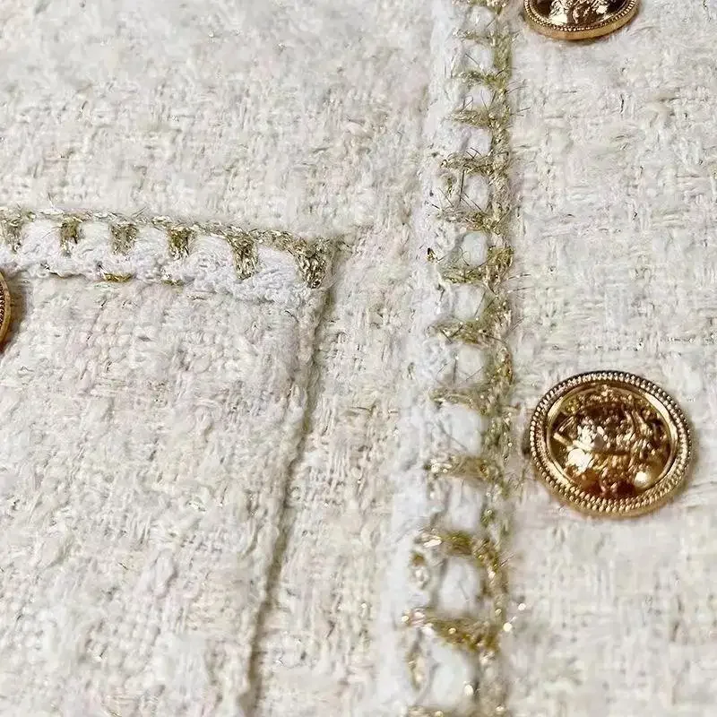 Spring Autumn Hot Sale Of The Season Korean Style Beige French Short Coat Women's Thickened Tweed Jacket Crew Neck Loose Fit Ele - Image 5