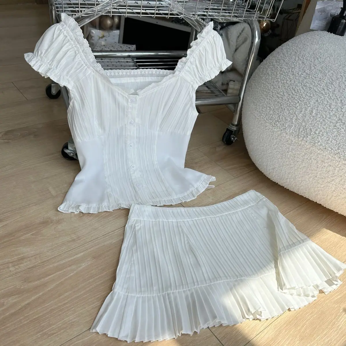 Suit One-Piece Collar White Crop Top + High Waist A-Line Skirt Mori Girl Party Prom French Elegance Outfits 2 Piece Skirt