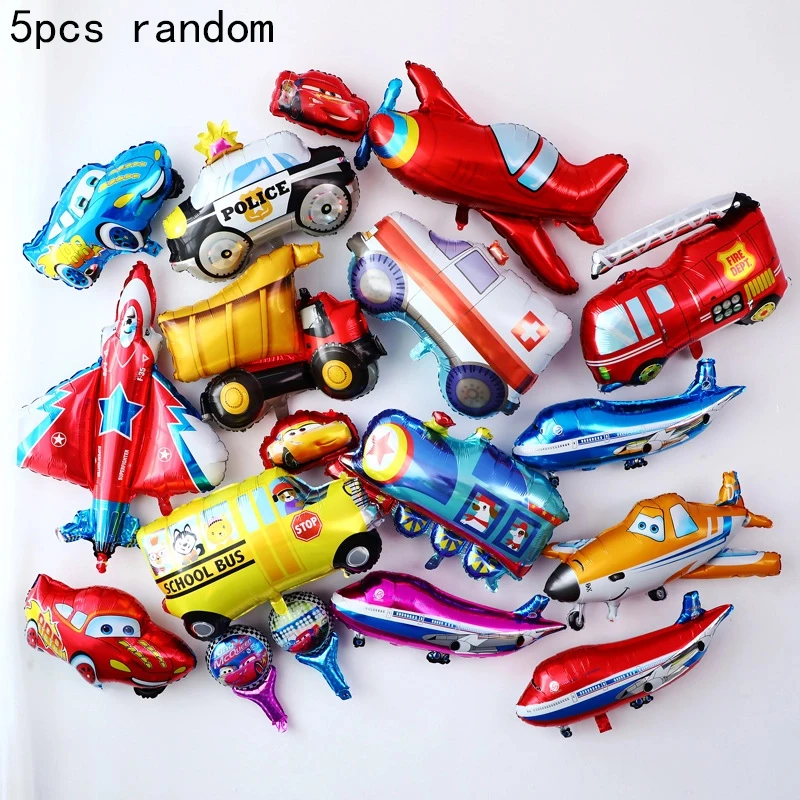 5 random mini transportation balloons, mini trains, school buses, fire trucks, balloons, cars, themed birthday party decorations