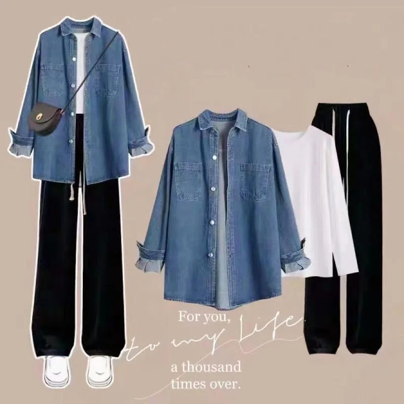 Women's Spring Autumn 2023 New Korean Version Loose Jean Jacket Long/short Sleeved T-shirt Wide Leg Pants Three Piece Set Trend 2023 new men s dress autumn and winter british korean version slim men s casual business suit three piece set