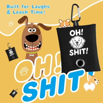 1pc Divertente Supporto per Sacchetto per Cacca di Cane Con 2 Borse OH SHIT Design Clip in Metallo Guinzaglio Dispenser di Rifiuti Mani Libere Durevole Tessuto Oxford