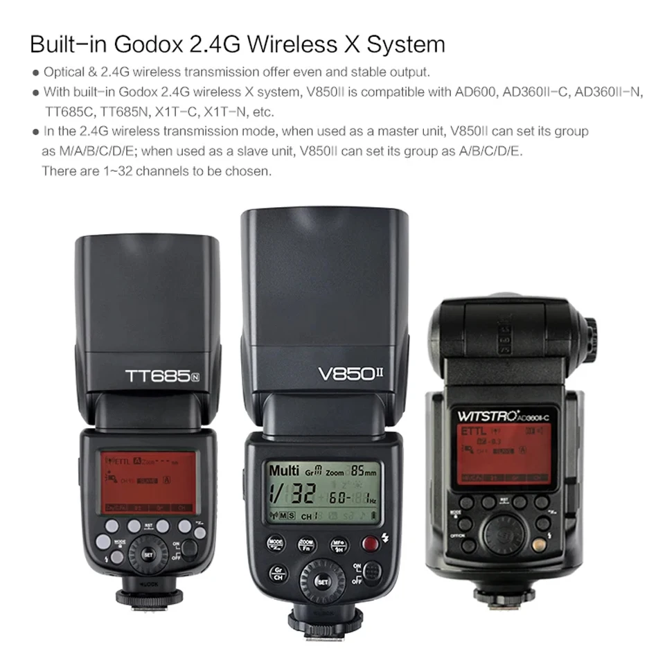 고독스 V850II 키트 GN60 2.4G 1/8000초 HSS 리튬이온 카메라 플래시 1.5초 재사용 시간 카메라 스피드라이트 캐논 니콘 용