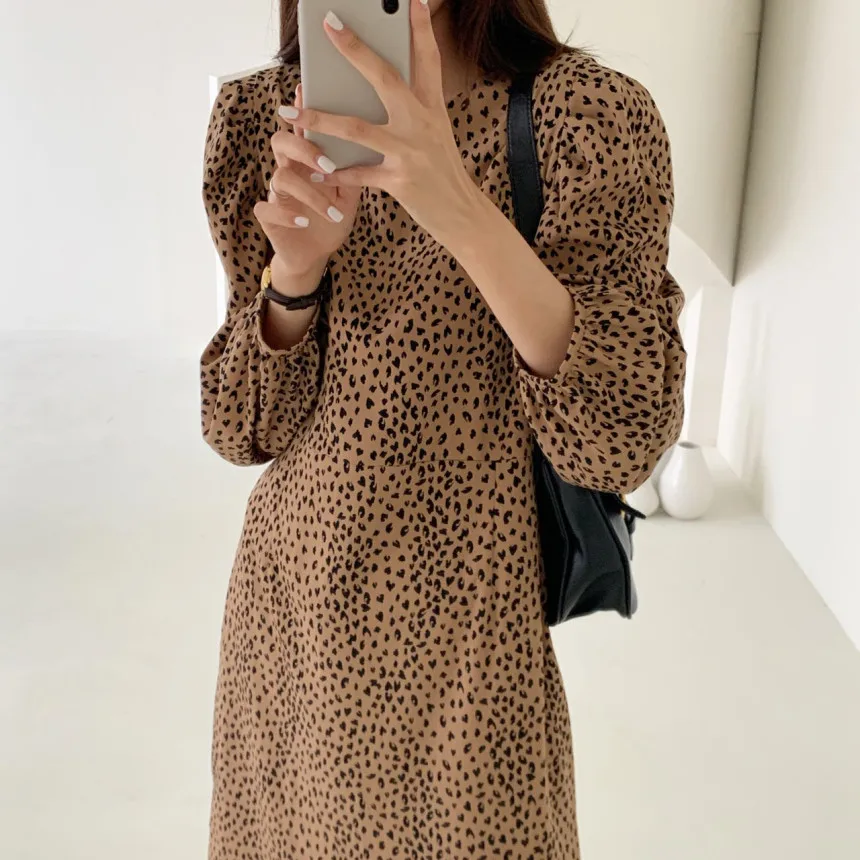 2023fall Women Puff Sleeve Maxi Dress New Minimalist OL Work Wear Vintage Heart Print Elegant Khaki O-Neck Long Dresses Vestidos