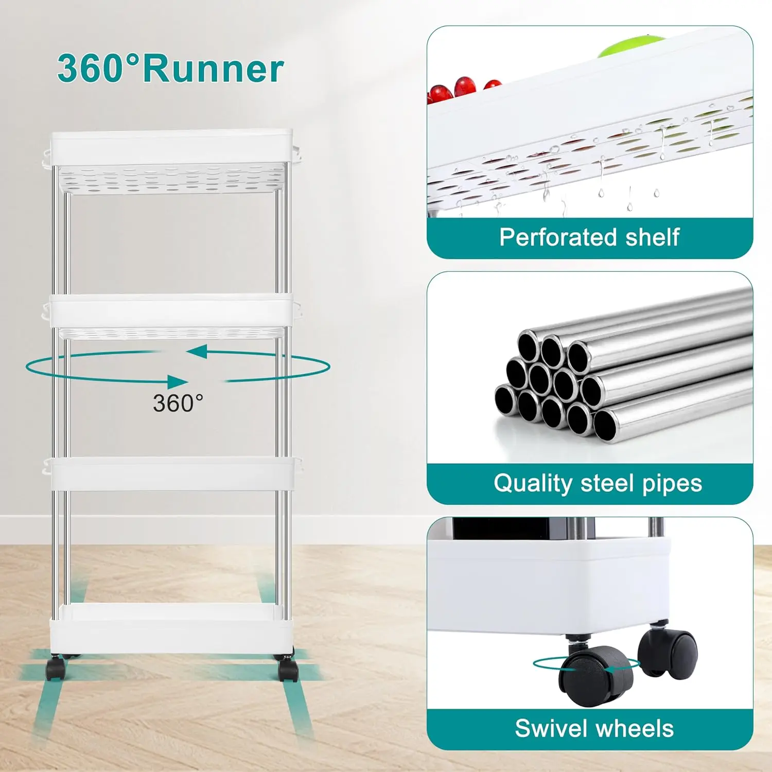 YSSOA Rolling Storage Cart, 4 Tier Slim Mobile Shelving Unit for Storage,360° Rotating Wheel Lockable Utility Cart,Great for Off 4