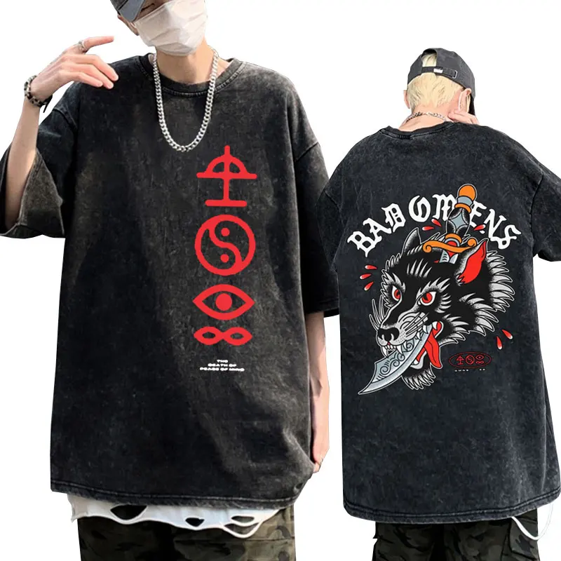 

Washed Vintage T-shirts Rapper Rock Band Bad Omens Tour Concert 2023 T Shirt Hip Hop Oversized Tee Shirts Tops Unisex Streetwear