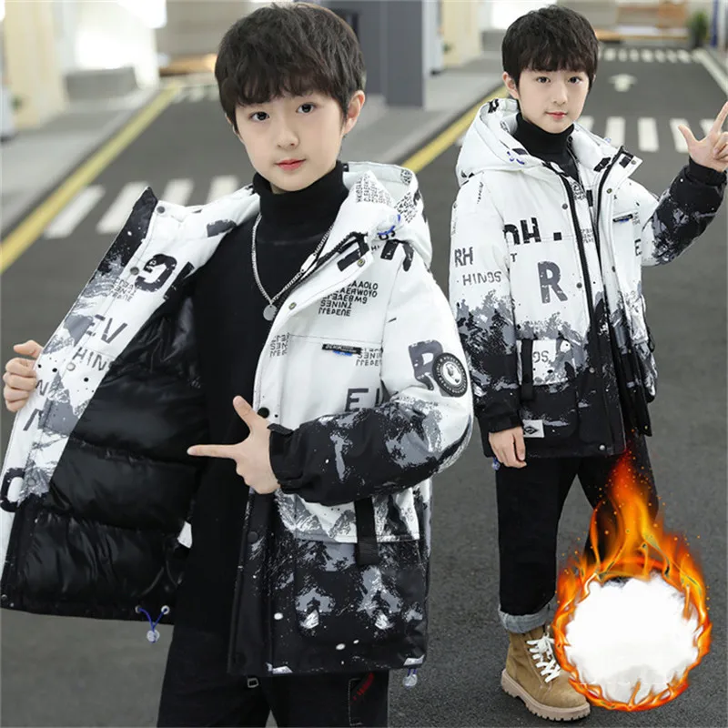 5-16T Boys Winter Coat Fashion Hooded Warm Padded Jackets Thick Letters Print Hit Color Teenagers Velvet Parkas New High Quality
