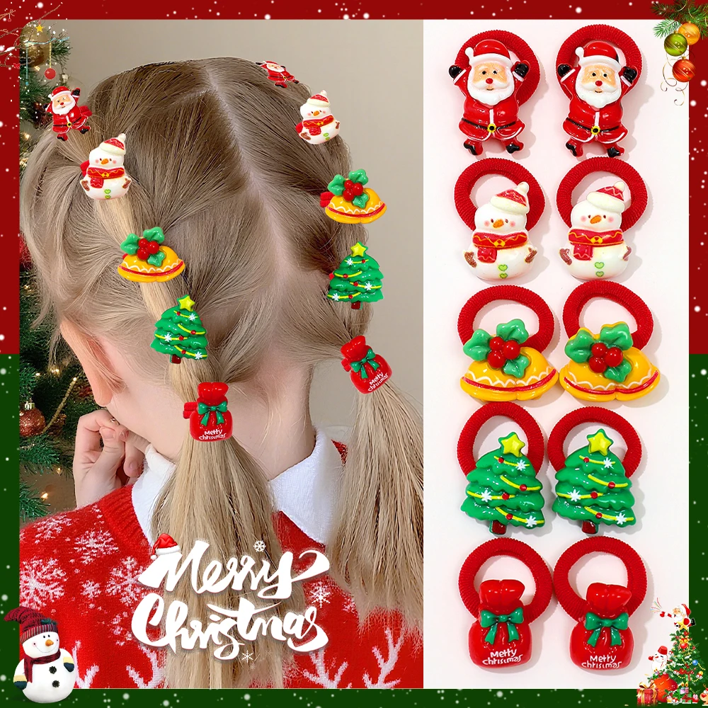 10-Pack Girls Hair Ties Cute Christmas Design with Santa Christmas Tree Snowman Ideal Gift for Girls for Christmas New Year
