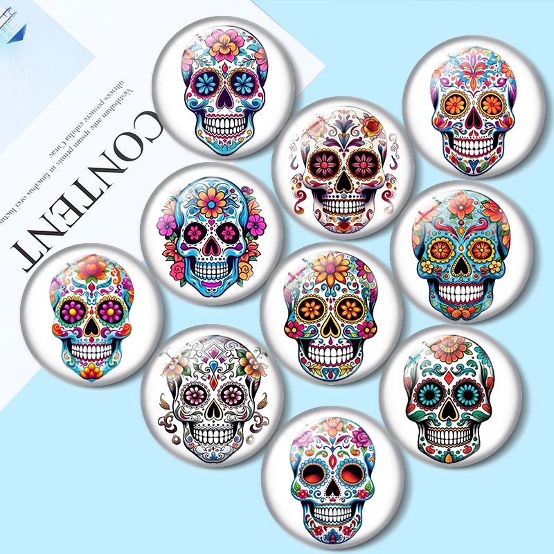 

Watercolor Sugar Skull 10pcs 12mm/16mm/18mm/25mm Round Photo Glass Cabochon Demo Flat Back Making findings