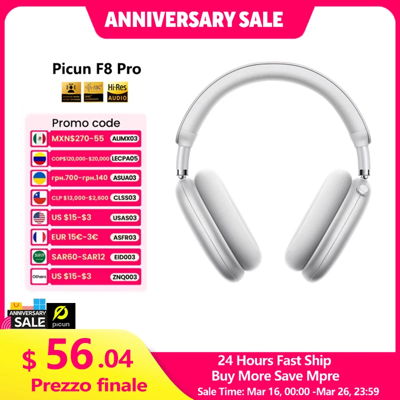 Picun F8 Pro ANC Wireless Headphones 3D Spatial Audio Head Tracking -52dB ANC HIFI Bluetooth Headset ENC HD Mic Low-Latency APP