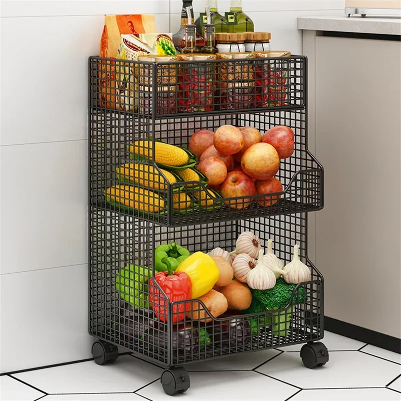 Iron Kitchen Rack Floor-standing Multi-layer Fruit Vegetable Storage Trolley Living Room Toy Storage Mobile Snack Cart N