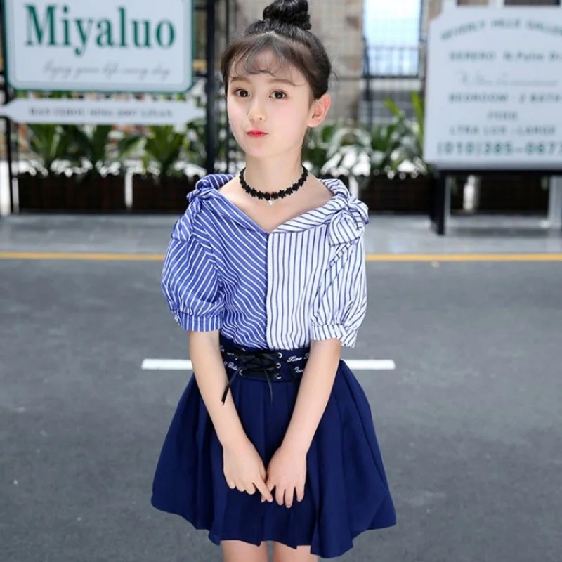 

Fashion Clothing for Girls Summer Bow Shoulder Sleeve Striped Patchwork Shirt + Elastic Waist Pleated Skirt 2pcs Kid Wear 4-14 Y