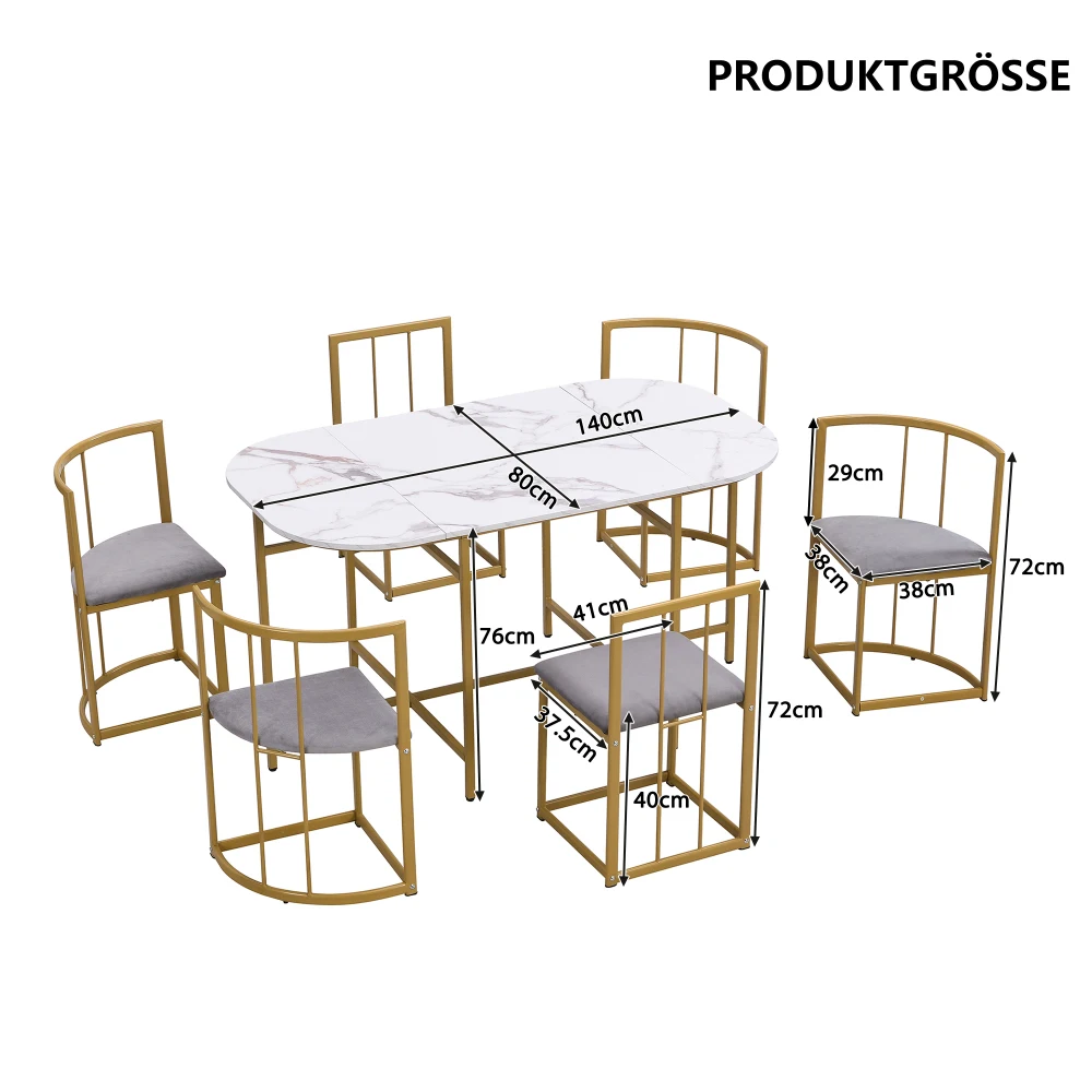 Stilvolles Modernes 6-Sitzer Esstisch- und Stuhlset, Weißer Tisch mit Grauen Gepolsterten Stühlen und Goldenem Eisenrahmen – Detail 6