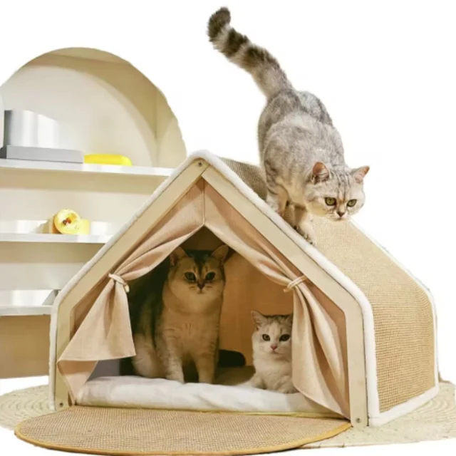 Half-Enclosed Wooden Cat Tent Villa Pet Bed All-Season Dual-Use Durable Sisal Scratching Board Cozy House Furniture for Cats 5