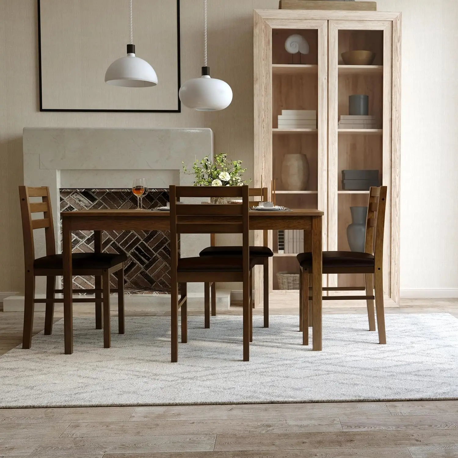 5-Piece Solid Wood Indoor Modern Rectangular Dining Table Set for 4,Table and 4 Chairs Set with PU Leather Cushion