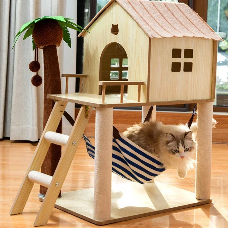 

Cat Tree Wood Climbing Shelf Frame Grabbing Column Sisal Cat Villa Nest Scratcher Post Condo Scratching Jumping Platform Cat Toy
