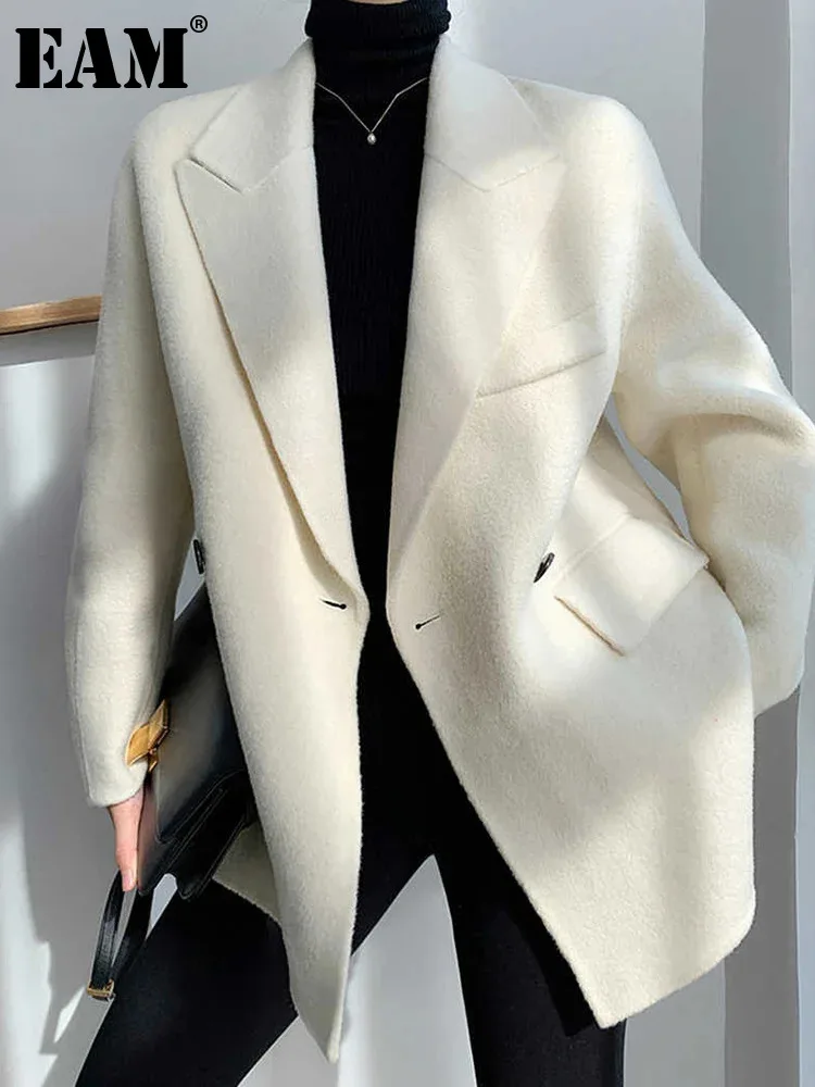 

[EAM] Loose Fit White Brief Temperament Woolen Coat Parkas New Long Sleeve Women Fashion Tide Autumn Winter 2024 1DD3859